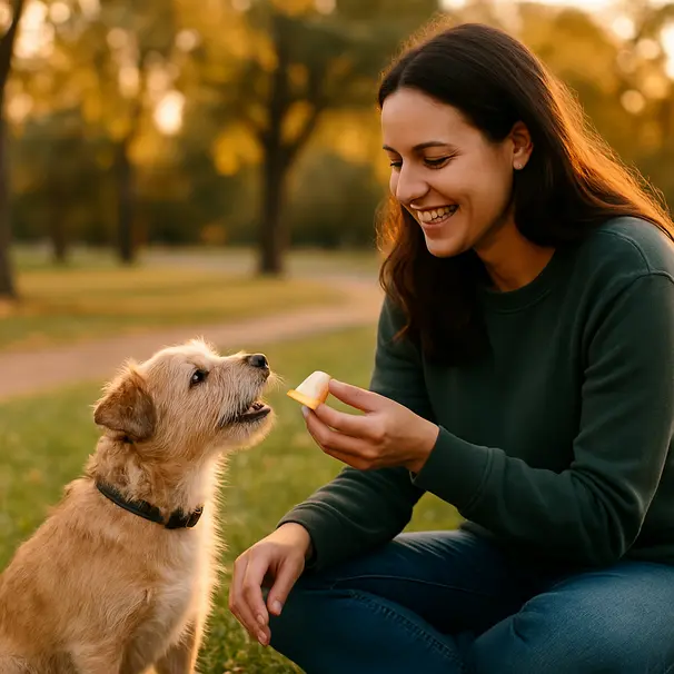 Small terrier sitting on park grass at sunset being given an apple slice by a dog carer, with trees and a path in the background.