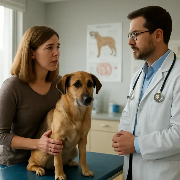 Mixed-breed dog on a veterinary exam table with a worried owner and a veterinarian discussing symptoms in a bright clinic room.