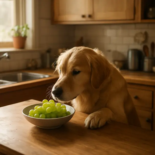 Golden retriever reaching up to sniff a bowl of grapes on a kitchen counter in a warm, sunlit home kitchen.