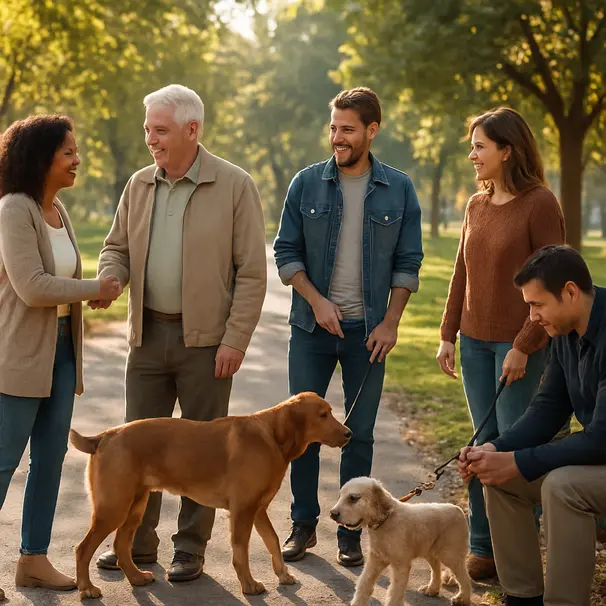 People and dogs meeting in a leafy park during morning walks, bench and trees visible, friendly social interaction