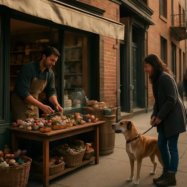 Pet shop owner arranging products outside a neighborhood store while a dog and owner stop to chat on the sidewalk