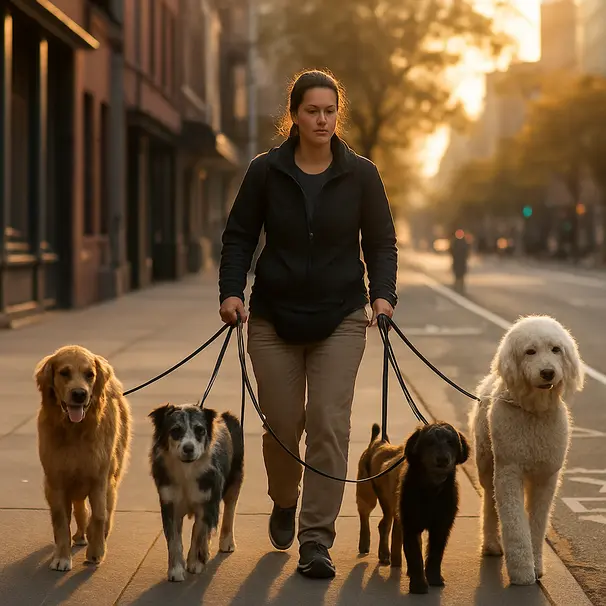 Pet carer walking multiple dogs along a city sidewalk at golden hour, calm and organized group walk