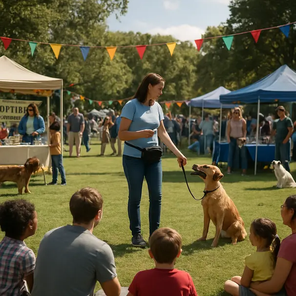 Community pet festival in a park with adoption booths, training demos, and families enjoying the event
