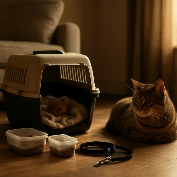 Open carrier with familiar blanket and toys next to labeled food containers and leash in a cozy living room, with a cat nearby