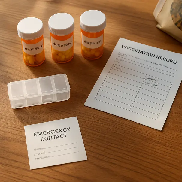 Labeled medication vials, vaccination records, and emergency contact card laid out on a wooden table, showing organized boarding paperwork