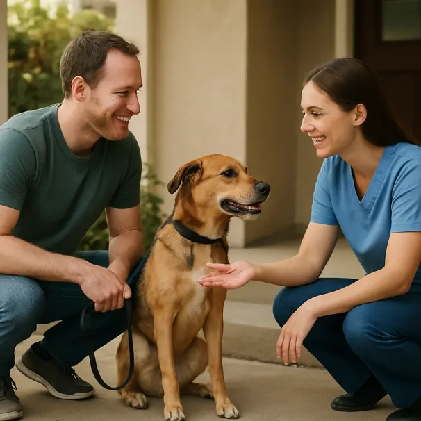 Owner and pet carer meeting a mixed-breed dog on a front porch during a meet-and-greet, owner holding leash, carer greeting gently