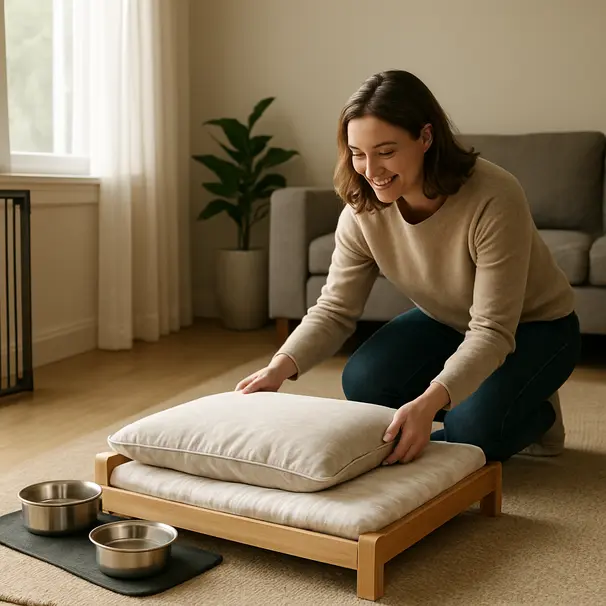 Pet carer setting up a tidy living room with bedding, water bowls, and secured gates to create a calm boarding space in the morning