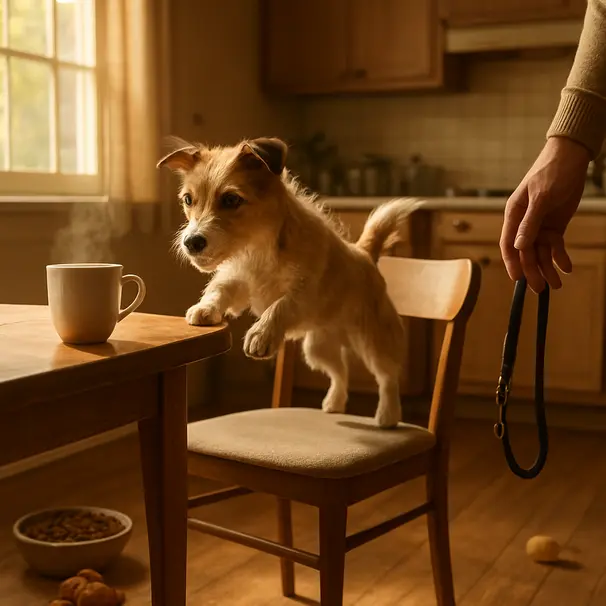 Small terrier jumping on a kitchen chair next to a steaming coffee mug, toys on the floor and leash in hand, morning sunlight through a window