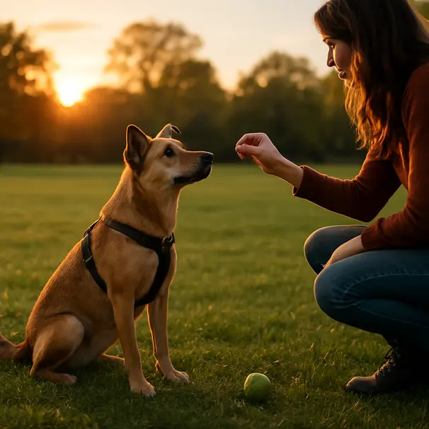 Medium mixed-breed dog sitting attentively in a park at golden hour, owner offering a treat, trees and warm backlight in the background