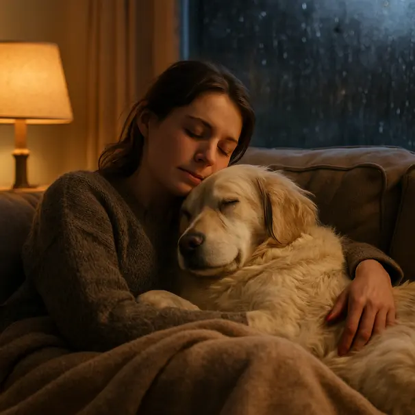 Woman cuddling a large fluffy dog on a sofa with a blanket, rainy window in the background and warm lamp light creating a cozy evening atmosphere
