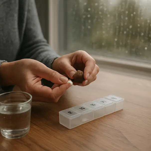 Pet owner preparing a dog's pill on a kitchen table with a pill organizer and treat, rainy window in background