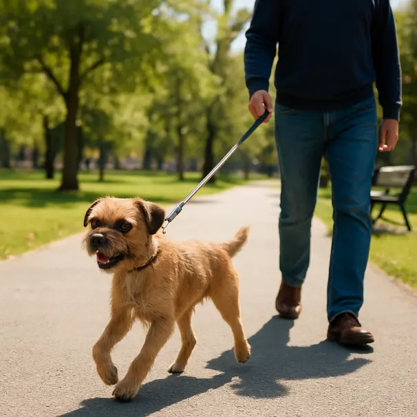 Terrier on a long lead walking through a sunny city park with owner during midday