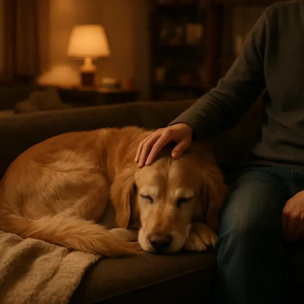 Golden retriever curled on sofa with person petting it in a warm living room at dusk