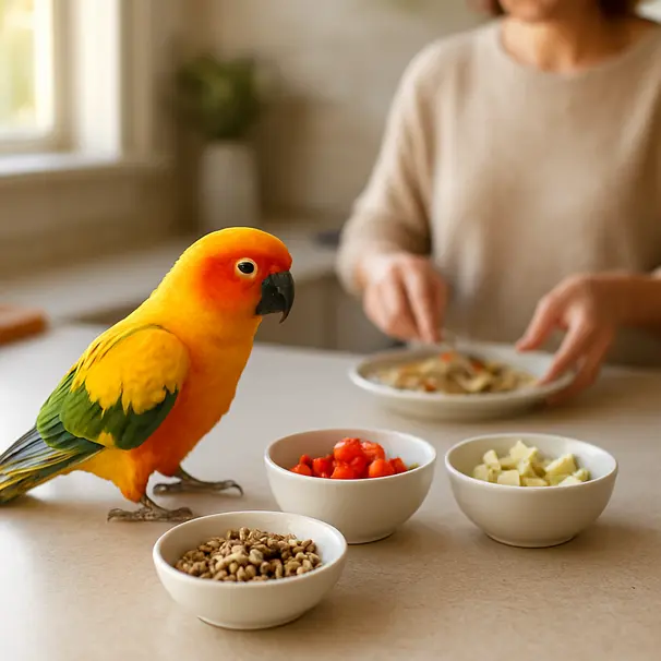 Papagei auf einer Küchenstange, frisches Obst und Samen in Schalen, Pfleger bereitet Futter im Hintergrund