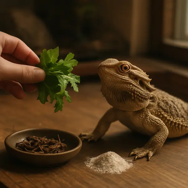 Bartagame in einem Innen-Terrarium, sitzt vor frischem Gemüse, Insekten und Calciumpräparaten, Pflegerhand in Nähe