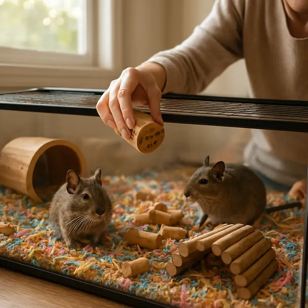 Een verzorger legt speeltjes en tunnels in het verblijf van degus.