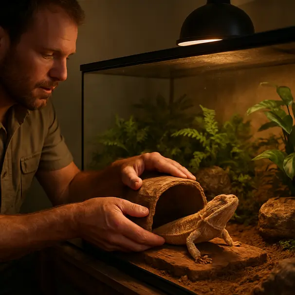 Een verzorger richt een natuurlijk terrarium in voor een baardagaam in huis.