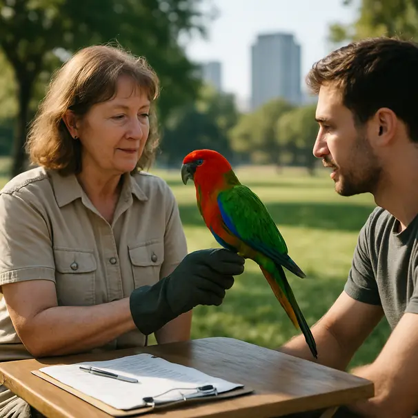 Een gekwalificeerde vogelverzorger ontmoet een eigenaar in het park met een papegaai.