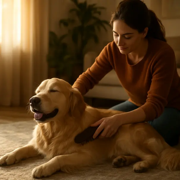 Owner sitting on a living room rug brushing a golden retriever with sunlight coming through curtains, home plants visible, dog relaxed