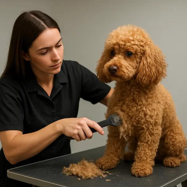 Groomer carefully using a dematting tool on a curly-coated poodle at a grooming table in a salon with clear lighting