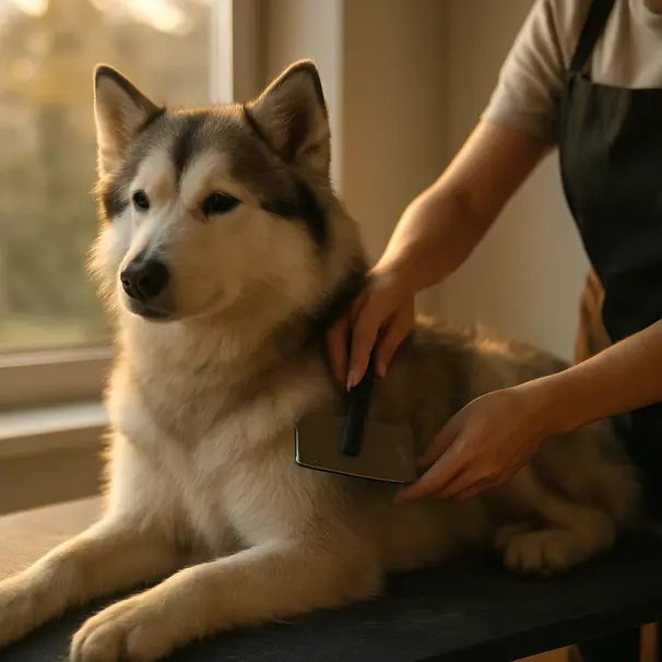 Close-up of carer using a slicker brush on a long-haired husky on a grooming table by a window with warm evening light