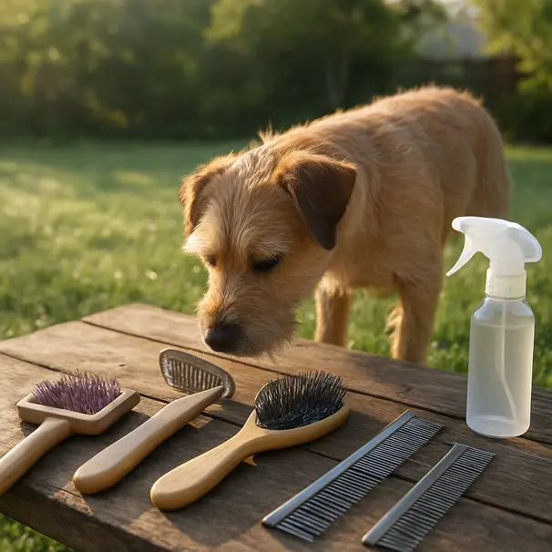 Assortment of dog grooming brushes and combs on a wooden table in a sunny backyard with a small terrier sniffing nearby