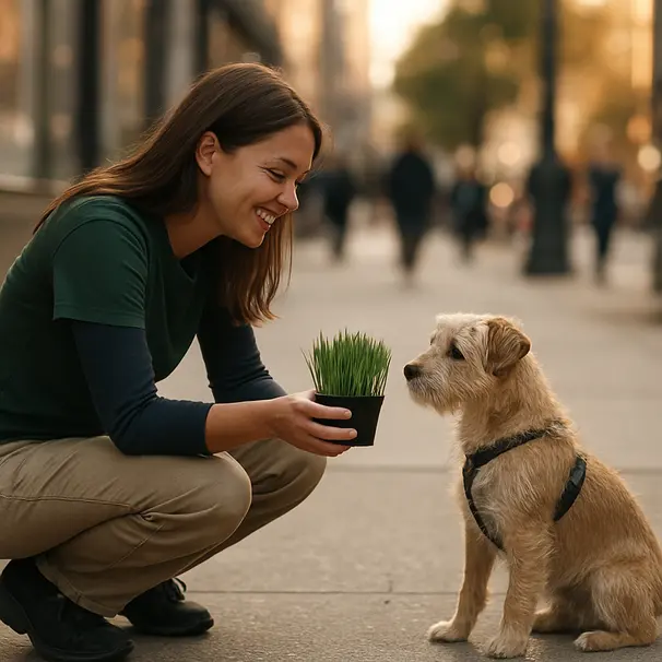Pet carer offering a pot of wheatgrass to a small terrier on a city sidewalk during late afternoon
