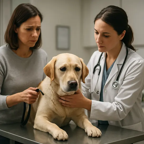 Labrador being examined by a veterinarian with the owner present in a bright clinic