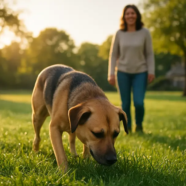 Mixed-breed dog nibbling grass in a sunlit suburban park with owner in the background
