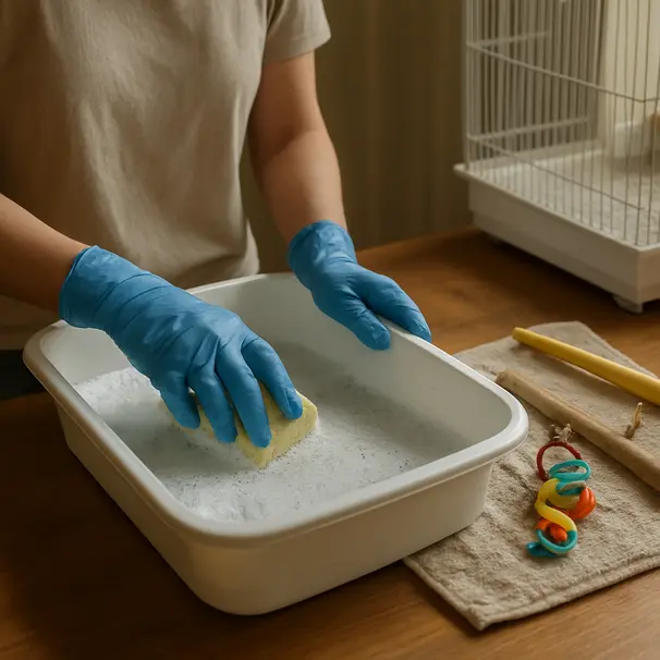 A pet carer wearing gloves cleans a bird cage tray with soap and water, with toys and perches set aside on a towel nearby.