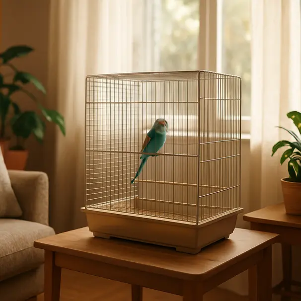 A blue budgie perched on a wooden dowel inside a rectangular indoor cage by a sunny window, with houseplants and home decor visible.