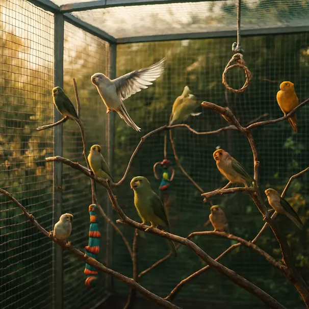 Backyard aviary in late afternoon light showing small parrots and finches perched and flying inside a mesh enclosure surrounded by garden plants.