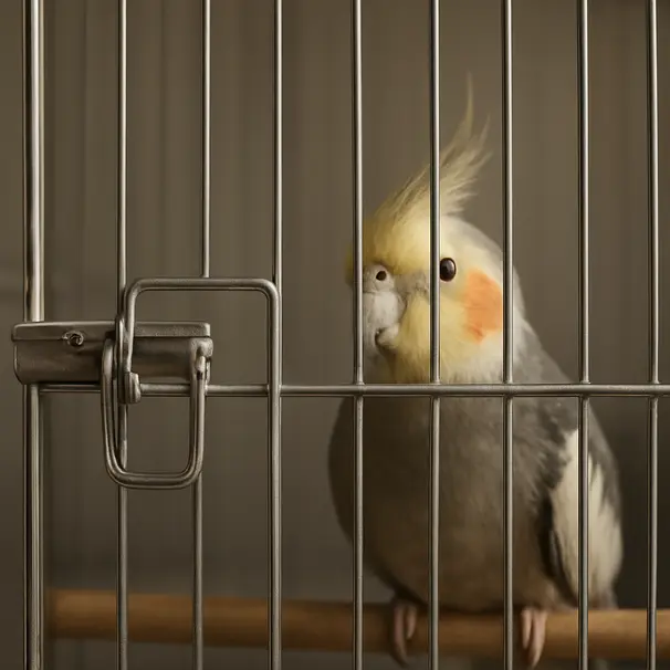 Close-up view of stainless steel bird cage bars and latch, with a cockatiel peeking through and a wooden perch visible inside.