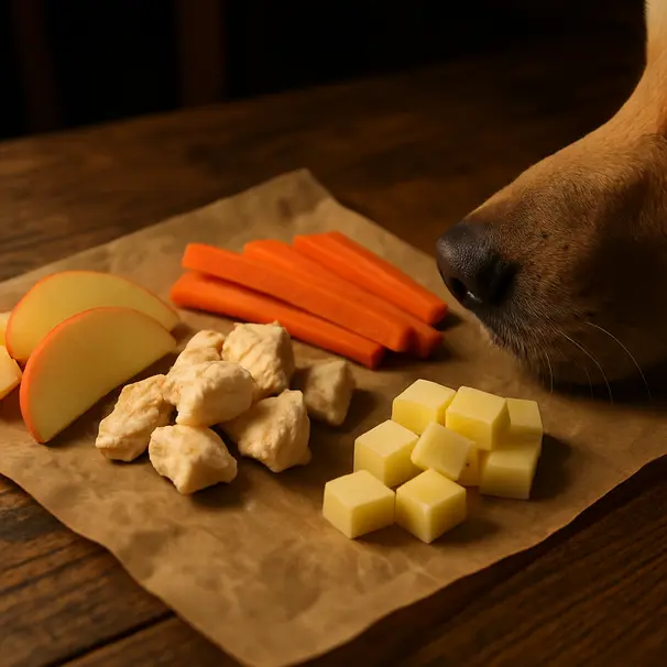 Close-up of apple slices, carrot sticks, plain cooked chicken pieces, and small cheese cubes on a wooden pub table, with a dog's nose visible at the edge