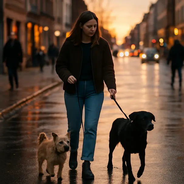 Pet carer walking a small terrier and a medium black mixed-breed dog on short leads along a city street at sunset, reflective wet pavement and pedestrians nearby