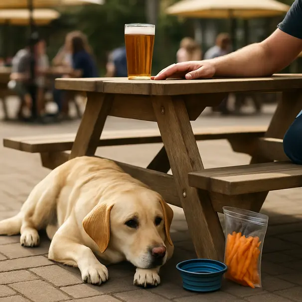 Yellow Labrador lying under a pub table on an outdoor terrace, collapsible water bowl and bag of carrot sticks beside the dog, owner seated at table