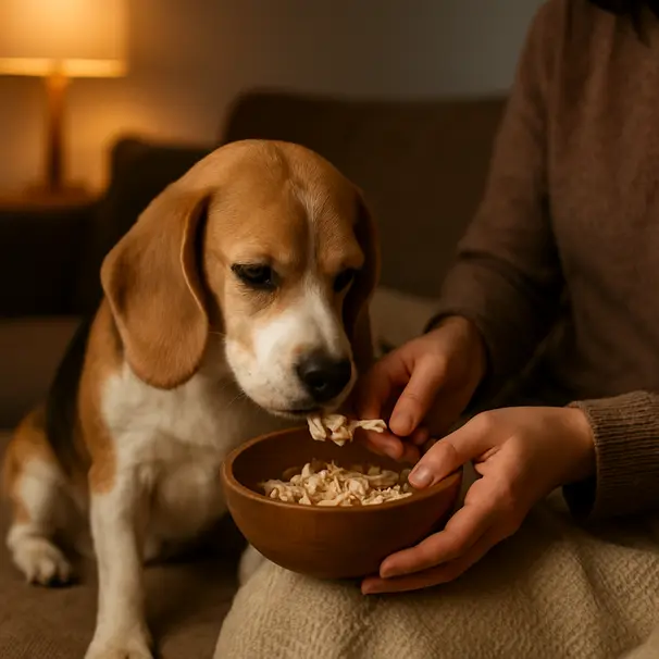 Beagle being fed shredded cooled chicken from a wooden bowl in a warm living room by a sitter