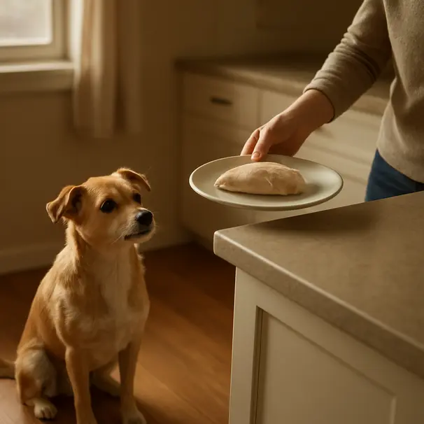 Mixed-breed dog sitting in a cozy kitchen as owner places plain boiled chicken on the counter
