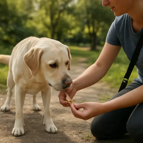 Labrador being offered a small piece of cooked chicken by a pet carer while on a sunny park walk