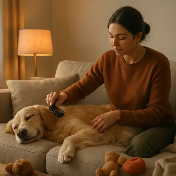 Pet carer brushing a golden retriever that is relaxed on a living room couch with toys and warm lighting around them.