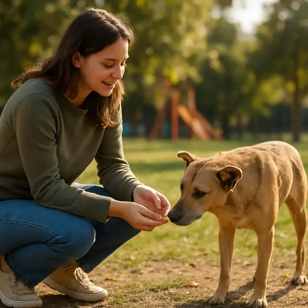 Pet carer kneeling in a sunny park greeting a shy rescue dog who is sniffing her hand, trees and playground blurred behind them.