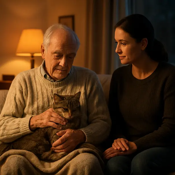 Elderly owner with a cat on their lap and a pet carer sitting close by in a cozy living room lit by a warm lamp at dusk.