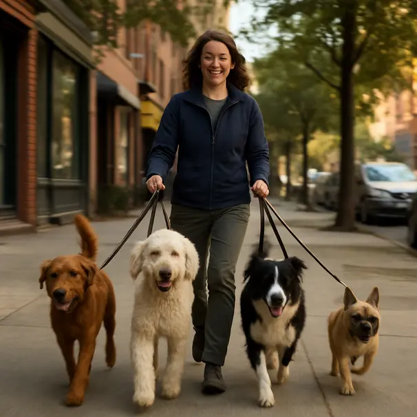Dog walker leading multiple dogs of different breeds down a leafy urban sidewalk in the morning, showing joyful movement and neighborhood setting.