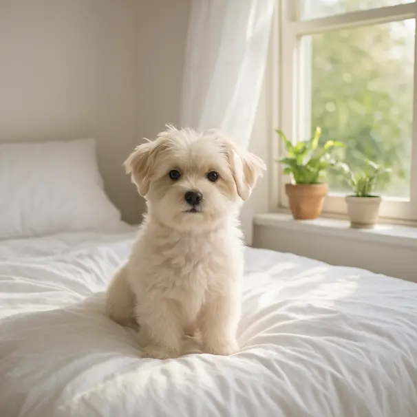 Small fluffy dog resting on clean bedding by an open window with sunlight and plants, suggesting a clean indoor environment