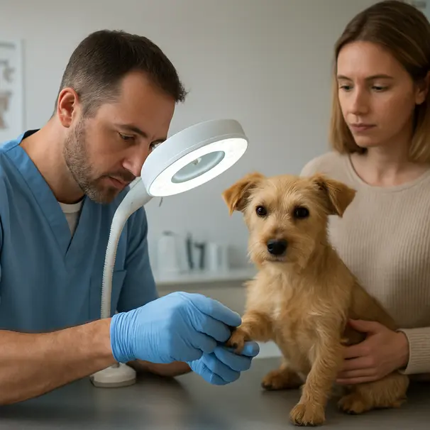 Vet in gloves examining a terrier's paw and skin under a magnifying lamp with owner watching in an exam room