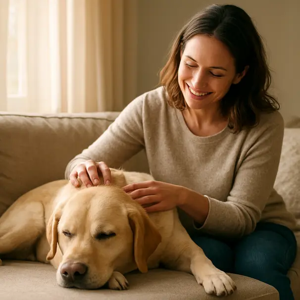 Owner checking a Labrador's coat for skin irritation in a sunny living room, hands parting fur to inspect skin