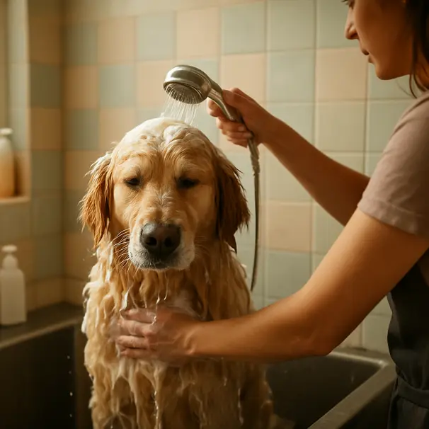 Golden retriever in a grooming salon having a medicated bath with groomer applying shampoo, water visible