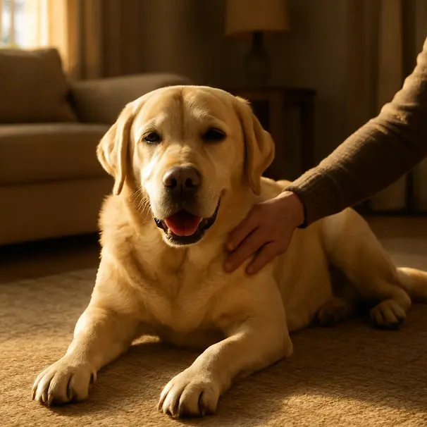 Adult Labrador reclining on a living room rug with soft eyes and a relaxed open mouth while a person pets its shoulder in warm afternoon light.
