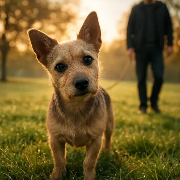Small terrier outdoors in a park at sunrise tilting its head with attentive eyes while owner stands blurred behind, leash visible, grass and warm light around.