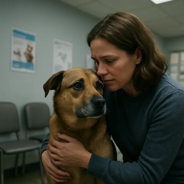 Medium mixed-breed dog in a vet clinic sitting on its owner's lap with visible white of the eye (whale eye) and tense lips, owner holding and comforting it.